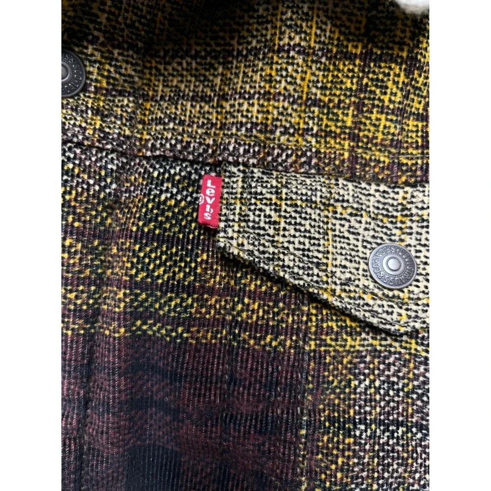 Levi's Sherpa Lined Plaid Trucker Jacket Men Large Brown Yellow Western Workwear